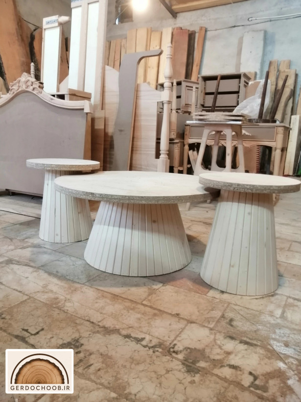 میز جلو مبلی و عسلی گرد سهتیکه مدل پینترستی؛ پایه استوانهای مدرن